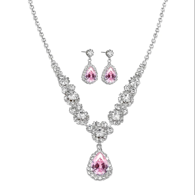 Pink Rhinestone Necklace & Earrings 2-Piece Set