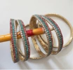 3-Row Gold-Plated 2.0mm Opal White + Lake Blue + Light Pink Rhinestone Stretch Bracelet