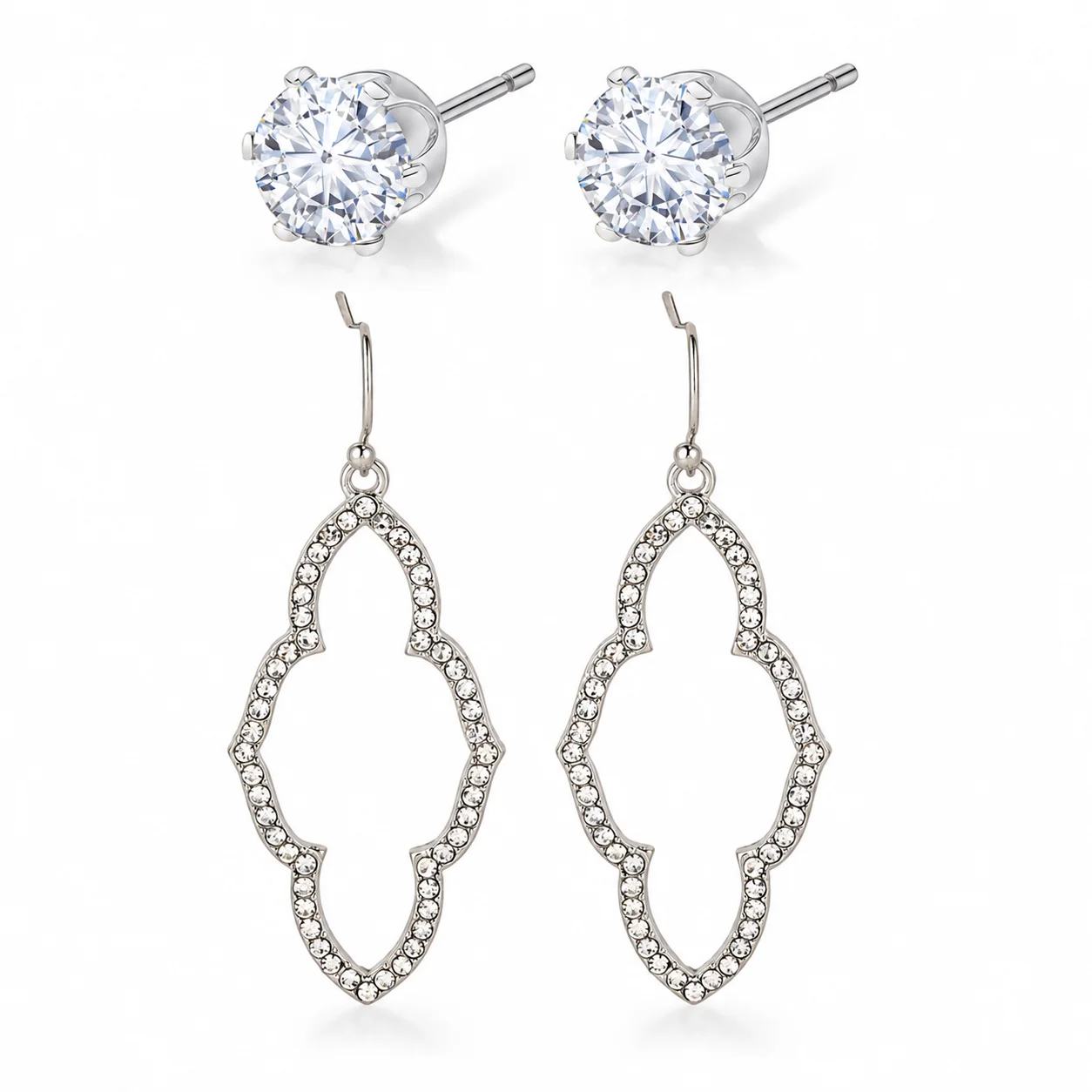 2-Pair Round CZ Stud & Geometric Rhinestone Dangle Earring Set
