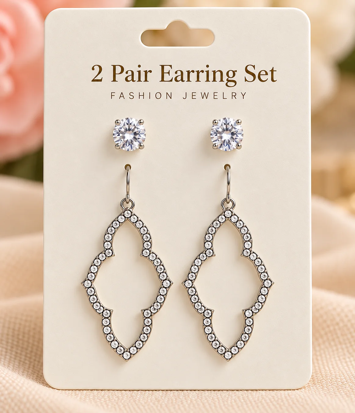 2-Pair Round CZ Stud & Geometric Rhinestone Dangle Earring Set — photo 2