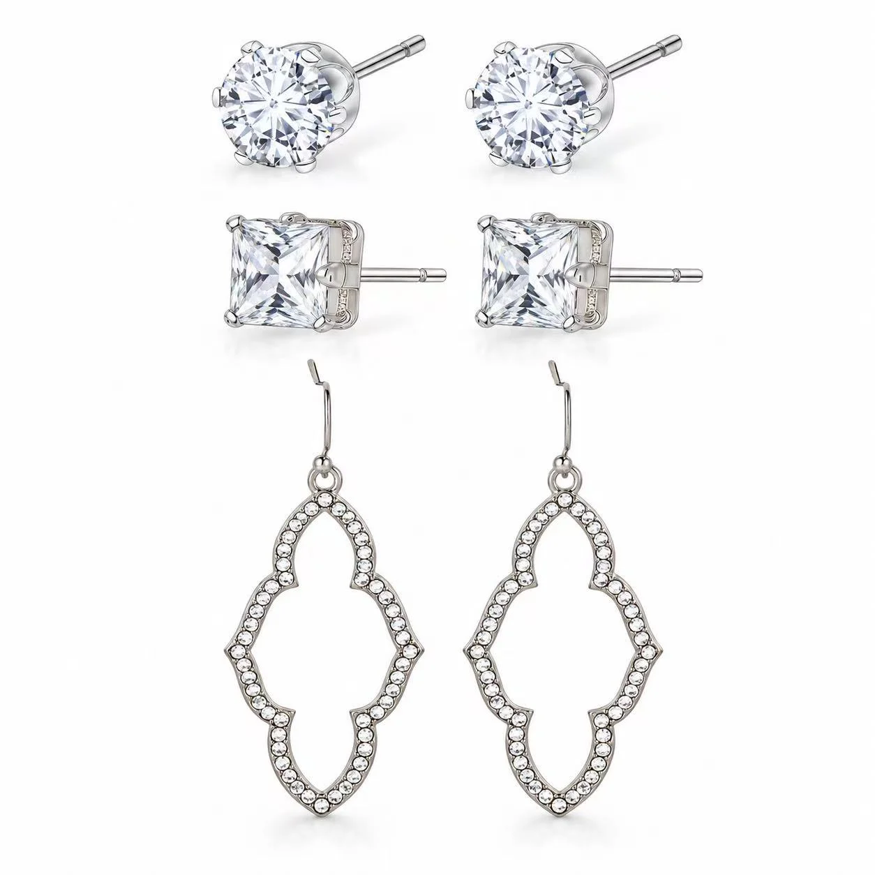 3-Pair Round CZ, Square CZ Stud & Geometric Dangle Earring Set