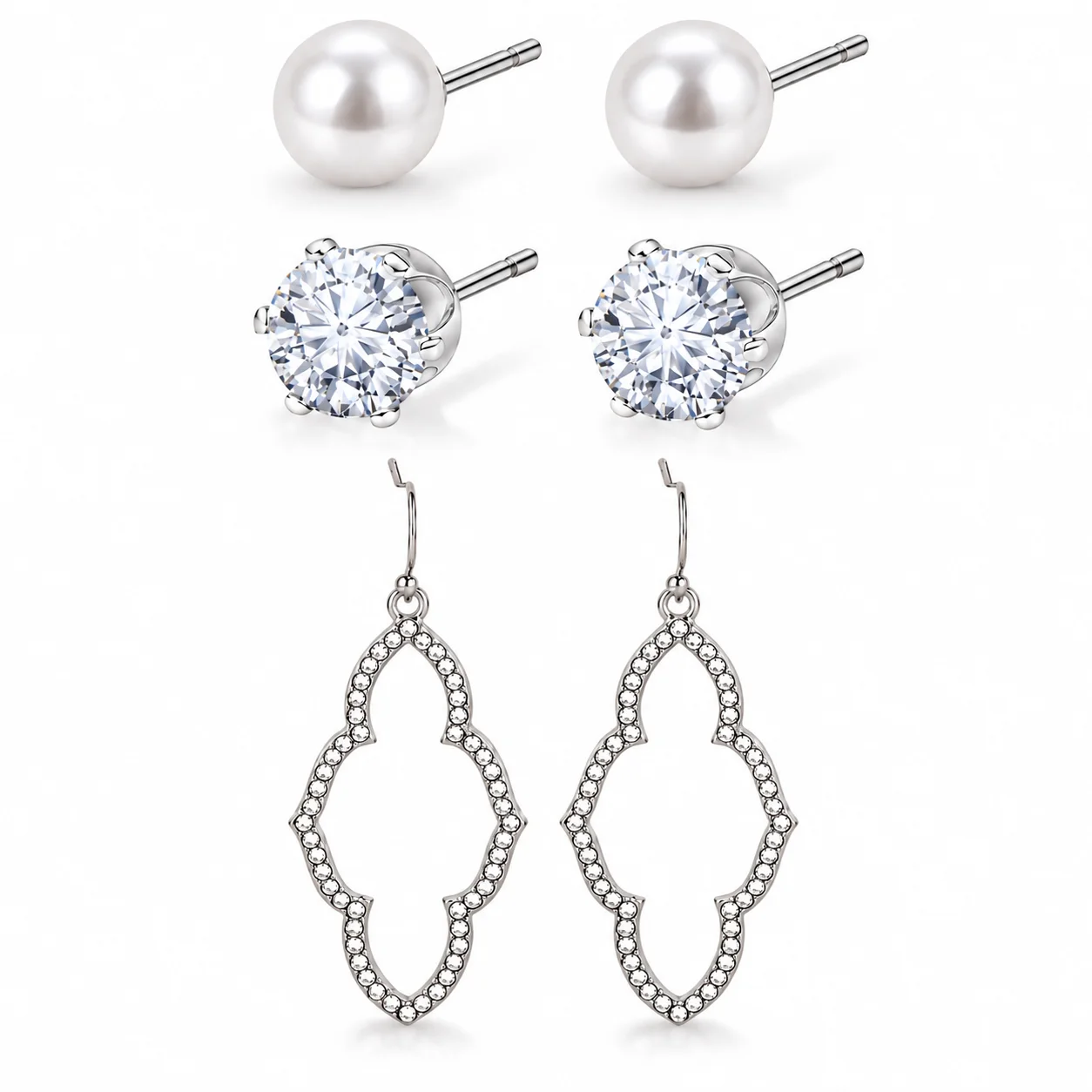3-Pair Pearl, Round CZ Stud & Geometric Dangle Earring Set