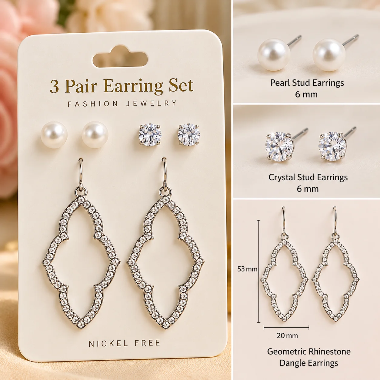 3-Pair Pearl, Round CZ Stud & Geometric Dangle Earring Set — photo 2