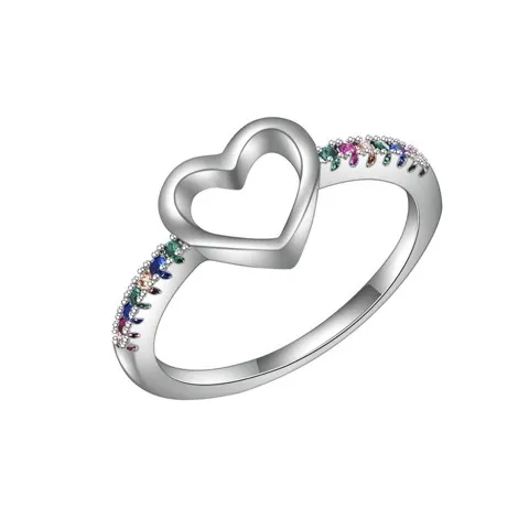 Hollow Heart-Shape Colored Cubic Zirconia Ring — Silver-Tone Finish