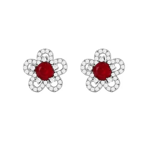 Earrings Red Opal Crystal Cubic Zirconia Flower Shape 6mm