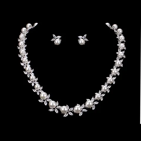 Necklace and Earrings Set Platinum Plated Pearl Flower Cubic Zirconia for Wedding