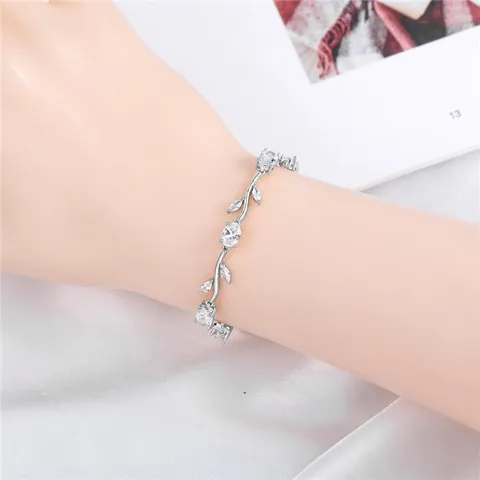 14K Gold Plating Leaf Shape Crystal Cubic Zirconia Chain Bracelet Wholesale — photo 3