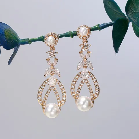 Retro Pearl Zircon Drop Earrings — Custom Plating Color — photo 2