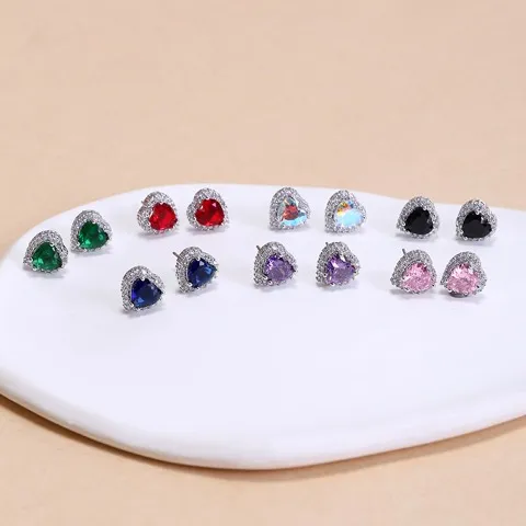 Tiny heart shape cubic zirconia stud earrings, Custom stone colors