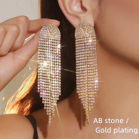 Full Rhinestone Women's Tassel Earrings — Exaggerated Design, Custom Plating Color