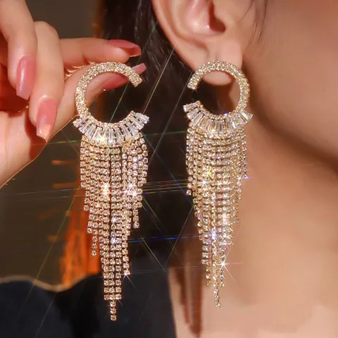 Glamorous Rhinestone Tassel Earrings Exaggerated circle design-Custom plating color