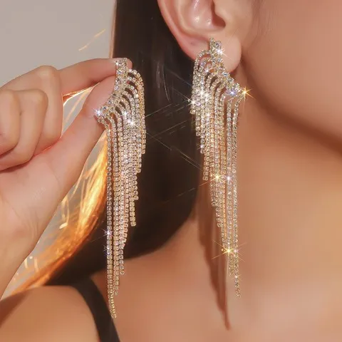 Wing-shaped Rhinestone long Tassel Earrings Exaggerated design-Custom plating color