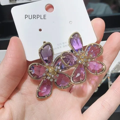 Delicate luxury flower earrings Colored glass rhinestone earrings-Custom stone color