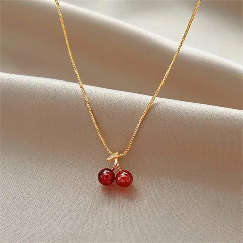 Red Rhinestone Charm Cherry Pendant Gold-Plated Necklace-factory hot sale