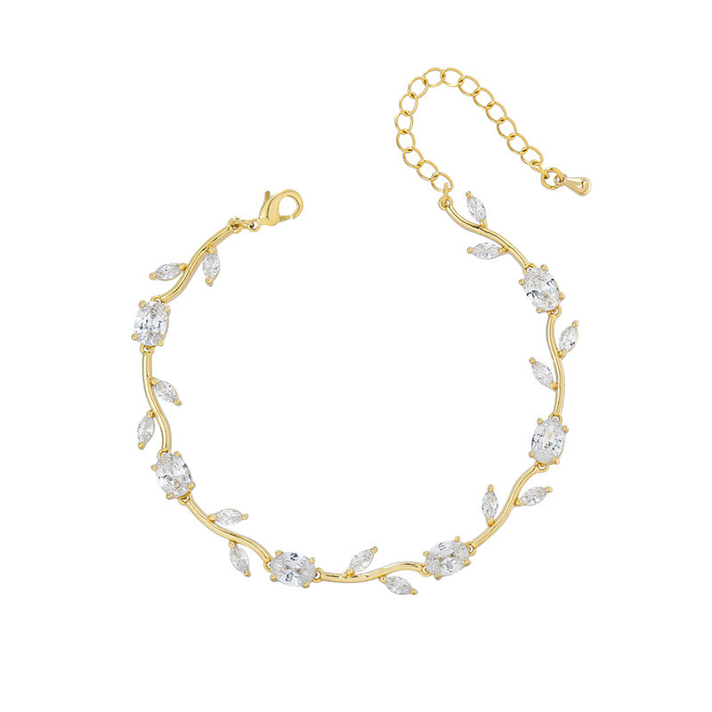 14K Gold Plating Leaf Shape Crystal Cubic Zirconia Chain Bracelet Wholesale
