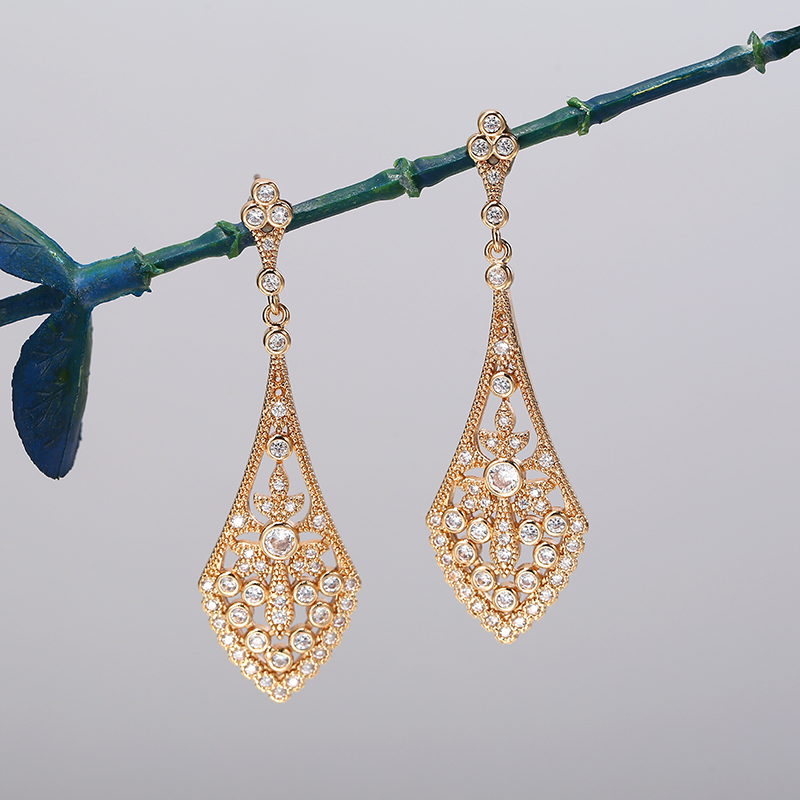 Retro Hollow-Design Dangle Earrings with Zirconia Stones — Custom Plating Color