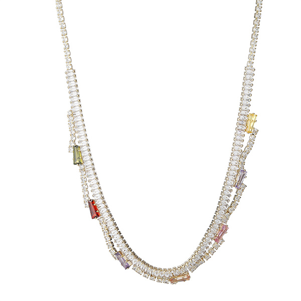 Decorated necklace front with small colored accents among clear-stone sections